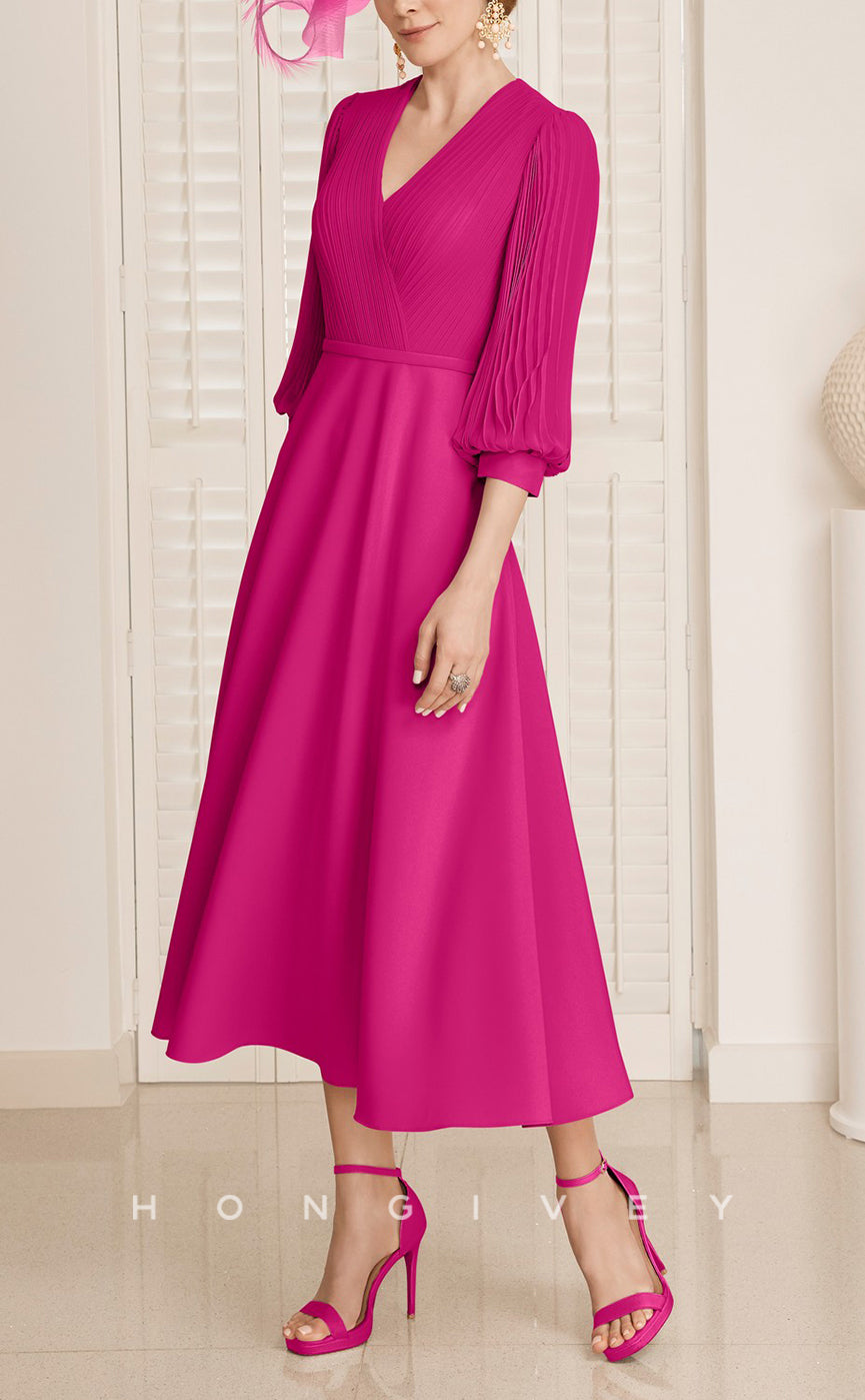 HM155 - Sexy Satin A-Line V-Neck 3/4 Sleeves Empire Ruched Mother of the Bride Dress