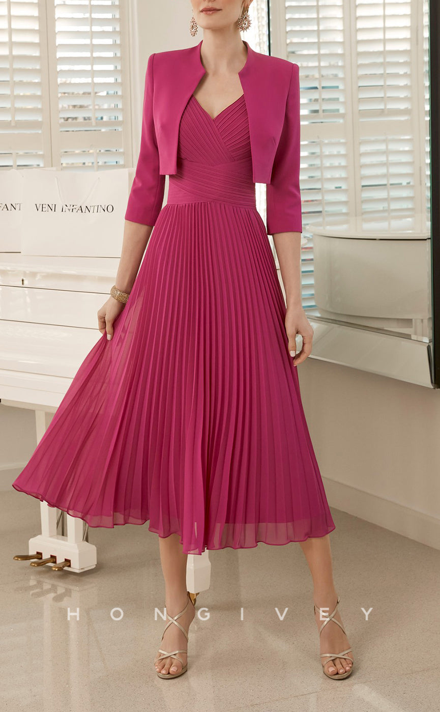 HM156 - Sexy Satin A-Line V-Neck Empire Two-Piece 3/4 Sleeves Ruched Mother of the Bride Dress