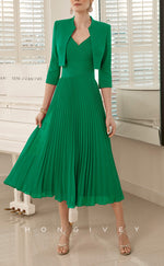 HM156 - Sexy Satin A-Line V-Neck Empire Two-Piece 3/4 Sleeves Ruched Mother of the Bride Dress