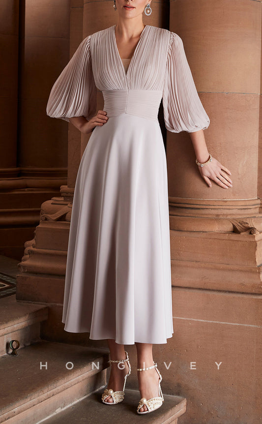 HM158 - Sexy Satin A-Line V-Neck 3/4 Sleeves Empire Ruched With Pockets Mother of the Bride Dress