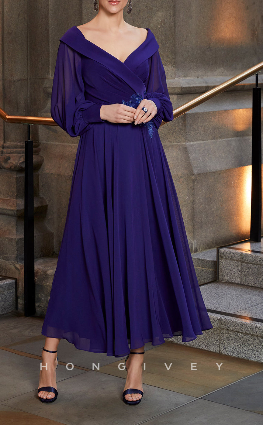 HM159 - Sexy Satin A-Line V-Neck Empire Ruched Appliques Long Sleeves Mother of the Bride Dress