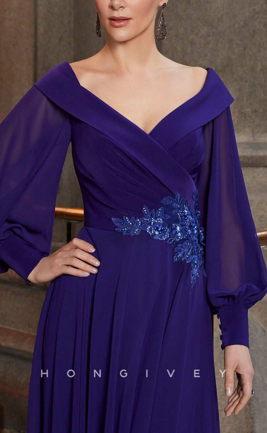 HM159 - Sexy Satin A-Line V-Neck Empire Ruched Appliques Long Sleeves Mother of the Bride Dress