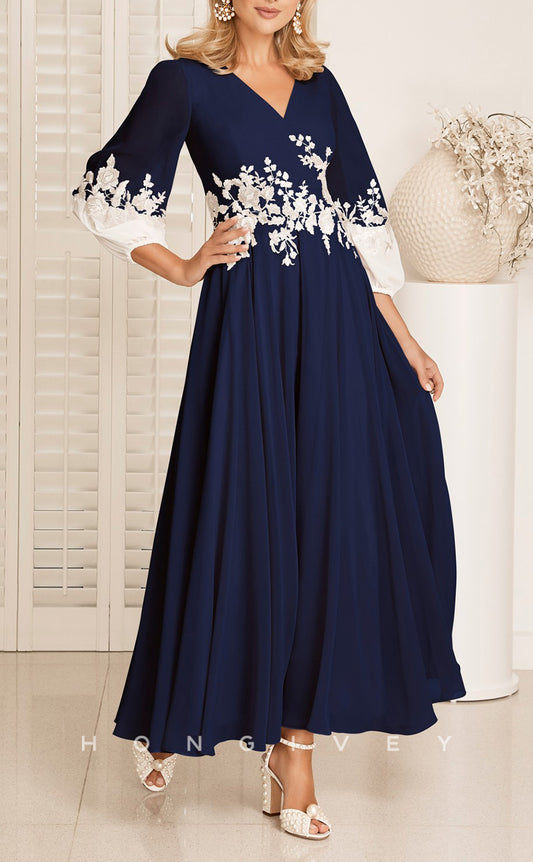 HM161 - Sexy Satin A-Line V-Neck Empire 3/4 Sleeves Appliques Mother of the Bride Dress