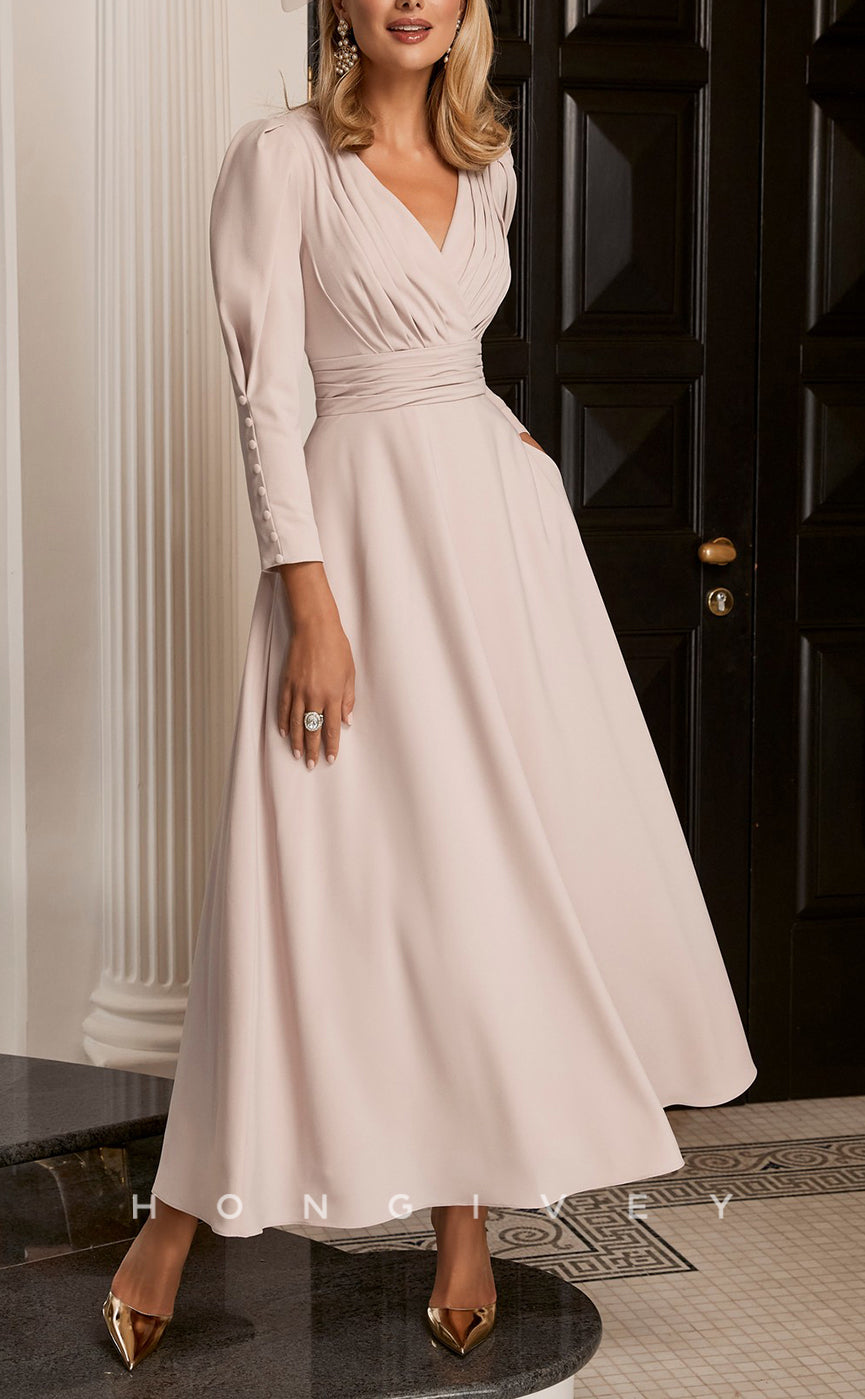 HM162 - Sexy Satin A-Line V-Neck Empire Ruched 3/4 Sleeves With Pockets Mother of the Bride Dress
