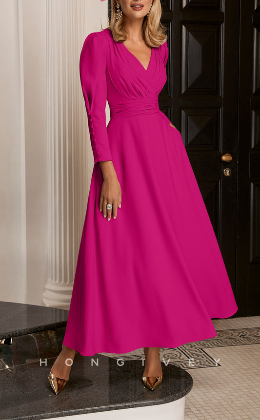 HM162 - Sexy Satin A-Line V-Neck Empire Ruched 3/4 Sleeves With Pockets Mother of the Bride Dress