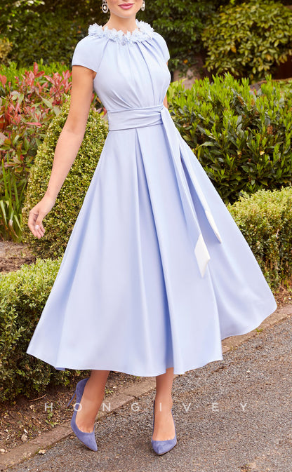 HM163 - Sexy Satin A-Line Round Empire Short Sleeves Belt Ruched With Pockets Mother of the Bride Dress