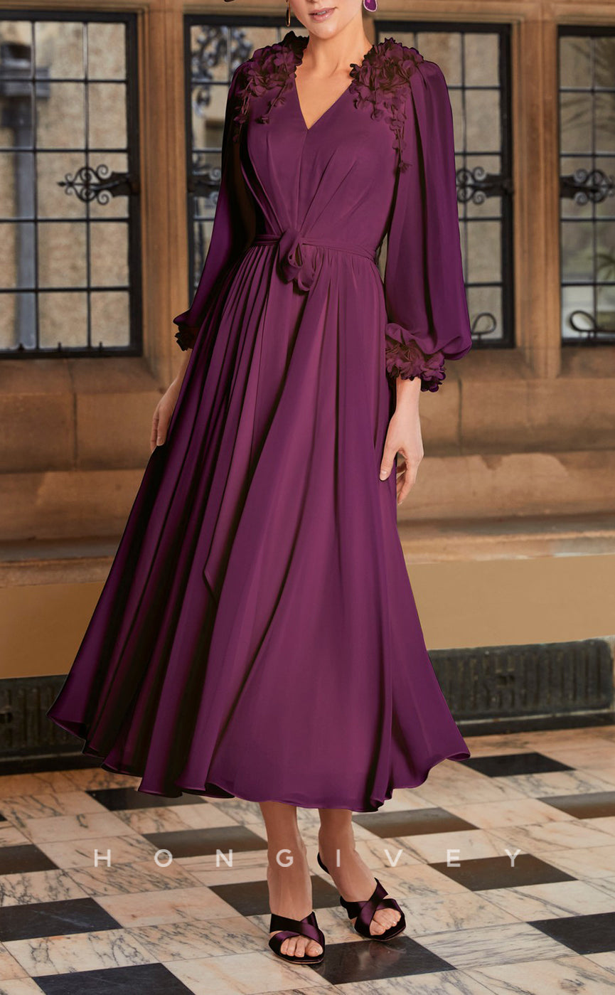 HM165 - Chic Satin A-line V-neck Empire Ruched Floral Embellished Long Sleeve Belt Mother of the Bride Dress