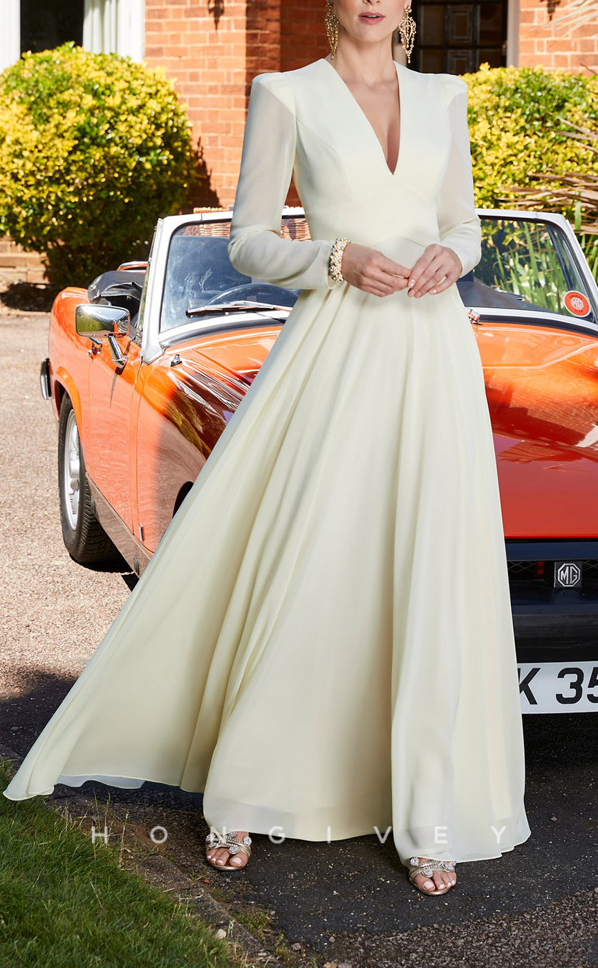 HM166 - Sexy Chiffon A-Line V-Neck Empire Long Sleeves Floor-Length Mother of the Bride Dress