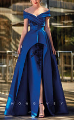 HM172 - Sexy Satin A-Line Off-Shoulder Empire Appliques Belt With Side Slit Mother of the Bride Dress