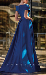 HM172 - Sexy Satin A-Line Off-Shoulder Empire Appliques Belt With Side Slit Mother of the Bride Dress