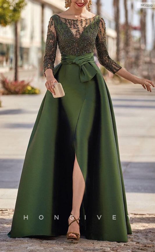 HM173 - Sexy Satin A-Line Scoop Lace Beaded Appliques 3/4 Sleeves Empire With Slit Mother of the Bride Dress