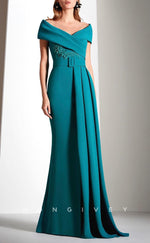 HM174 - Sexy Satin Trumpet Off-Shoulder Empire Appliques Ruched Belt Mother of the Bride Dress