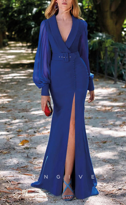 HM175 - Sexy Satin Trumpet V-Neck Empire Long Sleeves Belt With Slit Train Mother of the Bride Dress