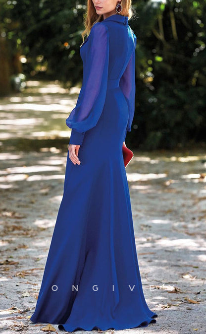 HM175 - Sexy Satin Trumpet V-Neck Empire Long Sleeves Belt With Slit Train Mother of the Bride Dress