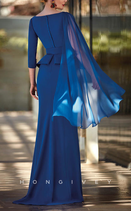 HM176 - Sexy Satin Trumpet V-Neck Empire Asymmetrical Sleeves Belt With Train Mother of the Bride Dress