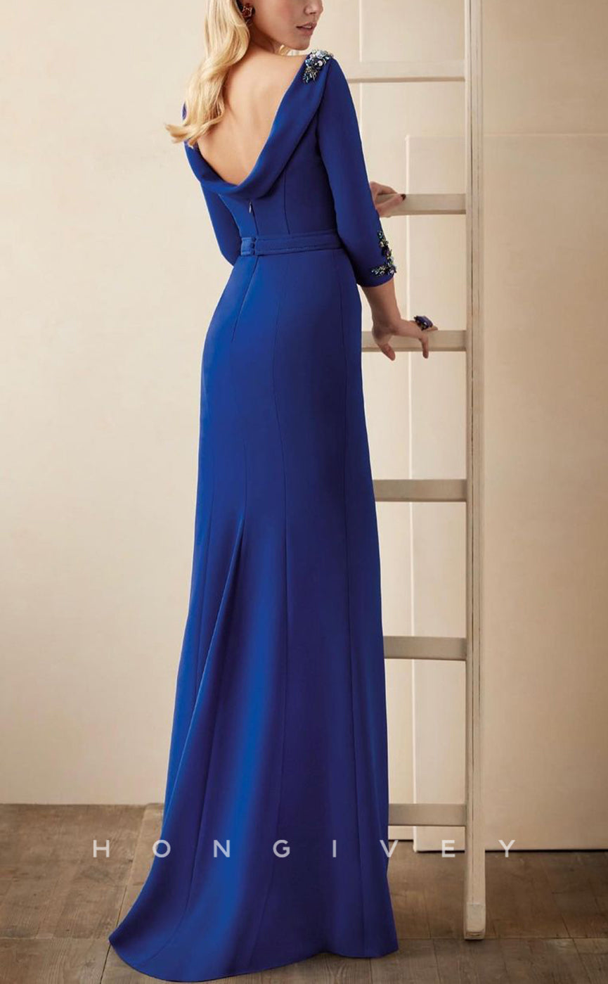HM177 - Sexy Satin A-Line Scoop Empire 3/4 Sleeves With Side Slit Train Mother of the Bride Dress