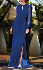 HM178 - Sexy Satin A-Line Round Empire Long Sleeves Ruched With Side Slit Train Mother of the Bride Dress