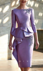 HM180 - Sexy Satin Fitted Scoop Empire Belt 3/4 Sleeves Appliques Ruffled Mother of the Bride Dress