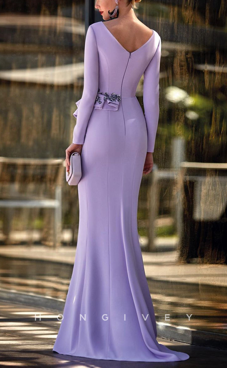 HM181 - Sexy Satin Trumpet Empire V-Neck Long Sleeve Ruched Appliques With Train Mother of the Bride Dress