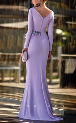 HM181 - Sexy Satin Trumpet Empire V-Neck Long Sleeve Ruched Appliques With Train Mother of the Bride Dress