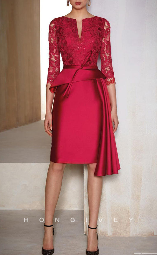 HM184 - Sexy Satin Fitted Scoop Empire Belt Lace 3/4 Sleeves Appliques Knee-Length Mother of the Bride Dress