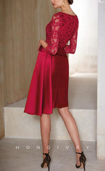 HM184 - Sexy Satin Fitted Scoop Empire Belt Lace 3/4 Sleeves Appliques Knee-Length Mother of the Bride Dress