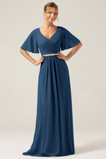 Navy A Line V Neck Chiffon Mother of the Bride Dress With Short Sleeves