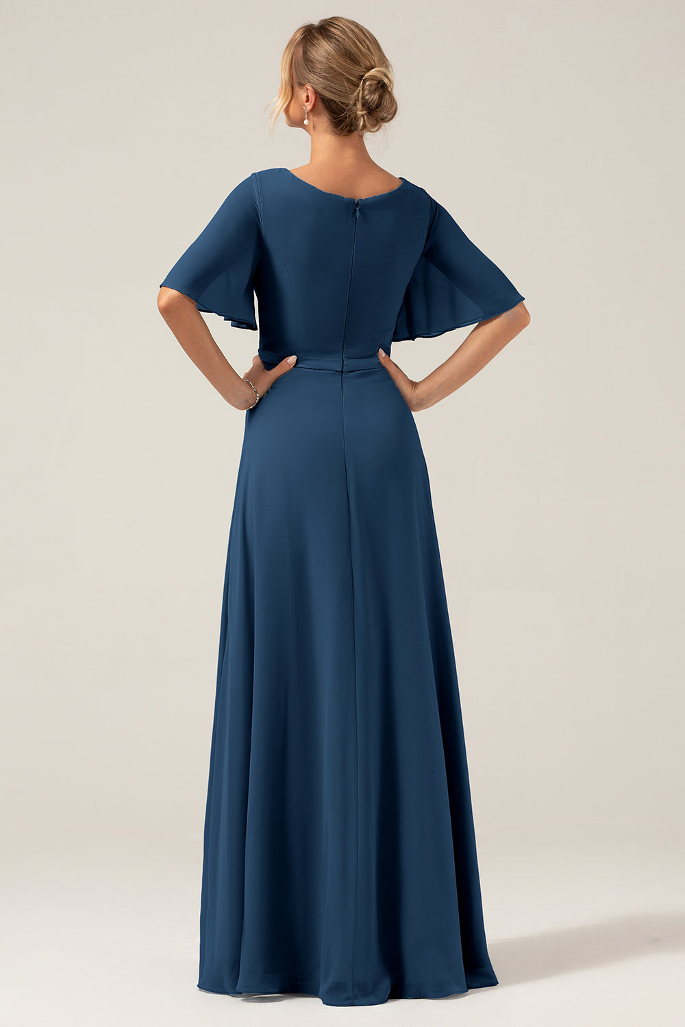 Navy A Line V Neck Chiffon Mother of the Bride Dress With Short Sleeves