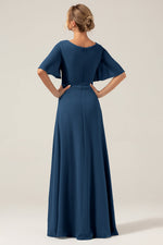 Navy A Line V Neck Chiffon Mother of the Bride Dress With Short Sleeves
