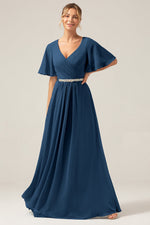 Navy A Line V Neck Chiffon Mother of the Bride Dress With Short Sleeves