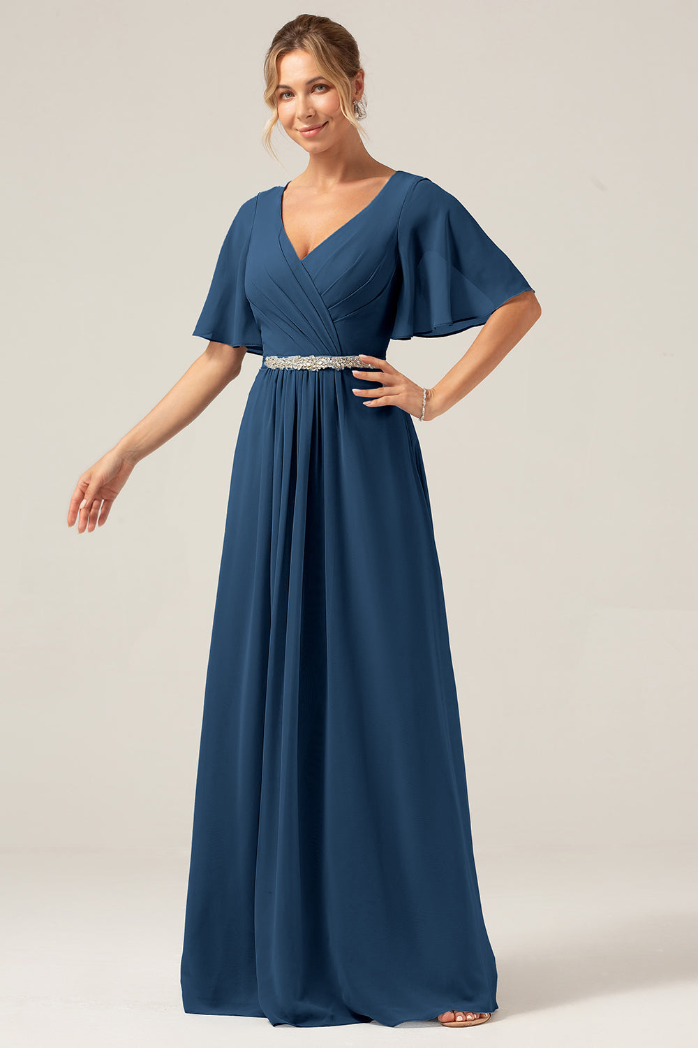 Navy A Line V Neck Chiffon Mother of the Bride Dress With Short Sleeves