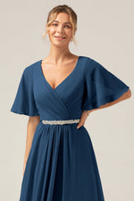 Navy A Line V Neck Chiffon Mother of the Bride Dress With Short Sleeves