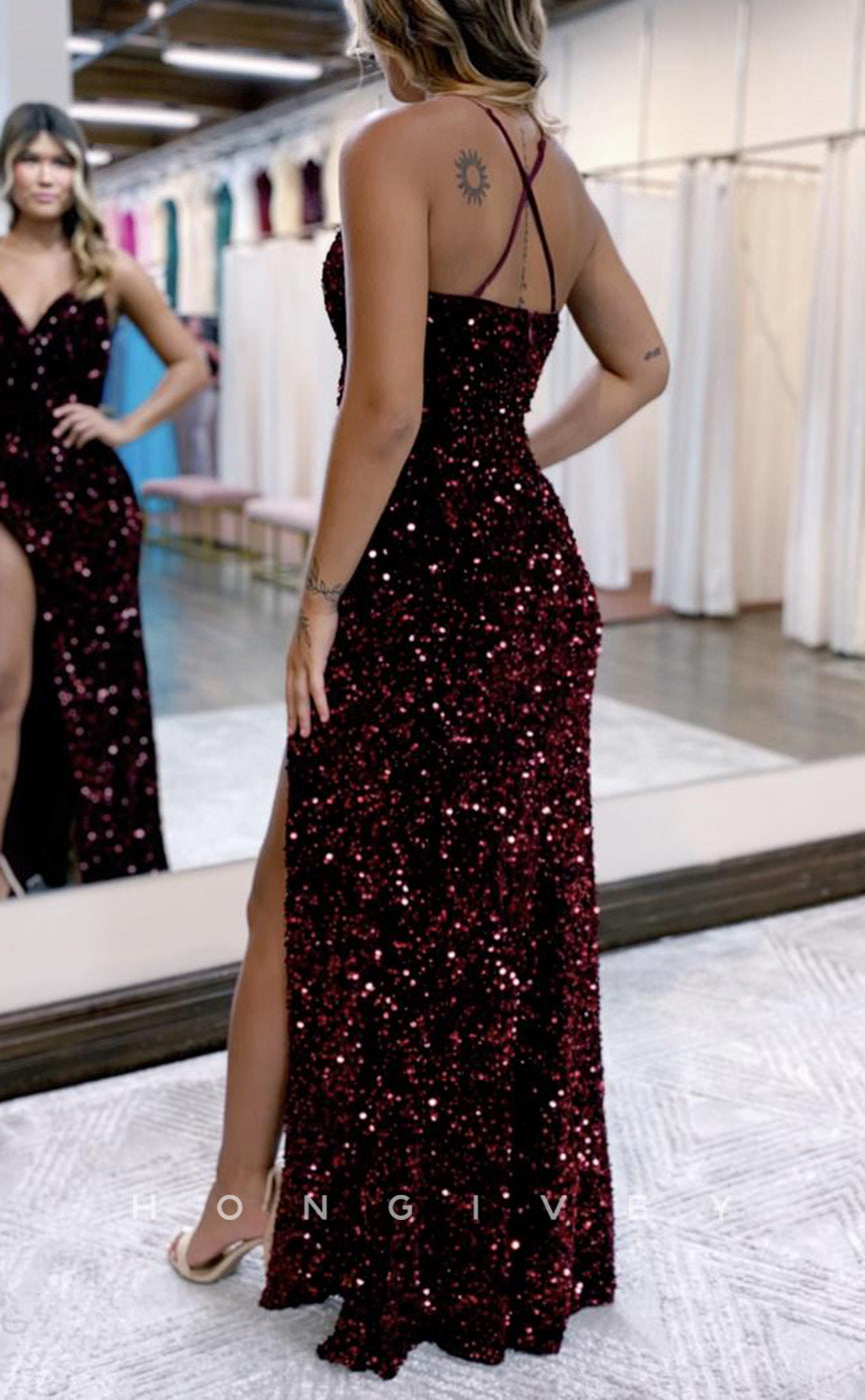 L2715 - Sparkly Fitted V-Neck Sequined With Side Slit Party Prom Evening Dress