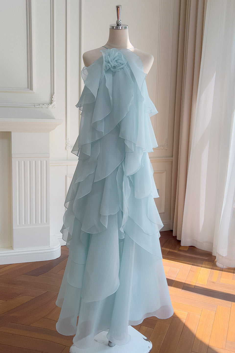 Halter Light Blue Ruffle Tiered Long Dress with Rosette