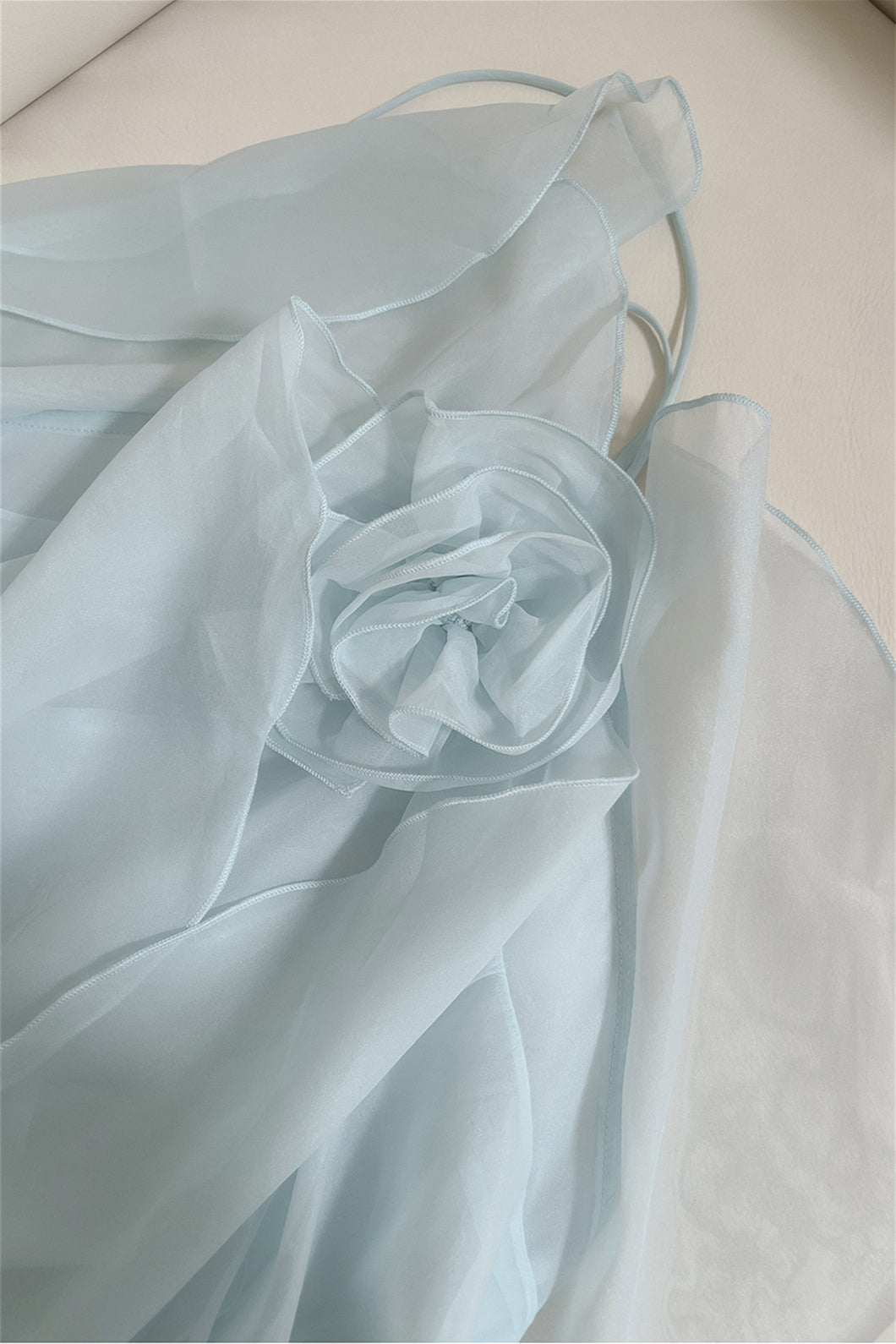 Halter Light Blue Ruffle Tiered Long Dress with Rosette