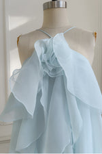 Halter Light Blue Ruffle Tiered Long Dress with Rosette