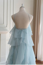 Halter Light Blue Ruffle Tiered Long Dress with Rosette