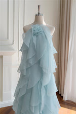 Halter Light Blue Ruffle Tiered Long Dress with Rosette