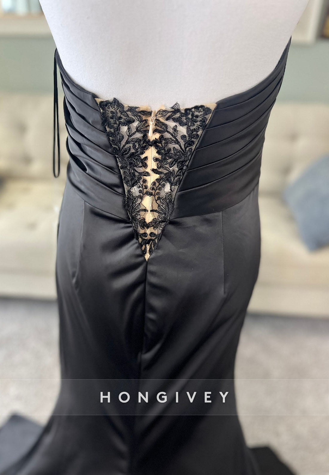 Halter Neck Lace Pleated Open Back Mermaid Black Wedding Dresses with High Slit