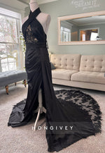 Halter Neck Lace Pleated Open Back Mermaid Black Wedding Dresses with High Slit