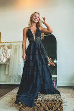 Halter Light Blue Lace Appliques Chiffon Ruffle Prom Dress