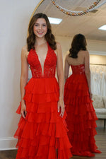 Halter Light Blue Lace Appliques Chiffon Ruffle Prom Dress