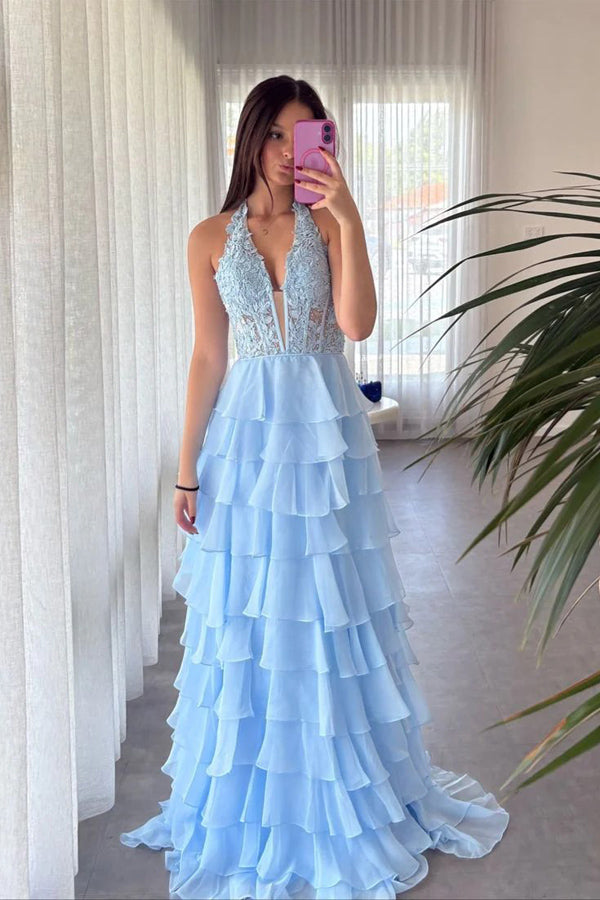 Halter Light Blue Lace Appliques Chiffon Ruffle Prom Dress