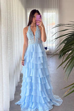 Halter Light Blue Lace Appliques Chiffon Ruffle Prom Dress