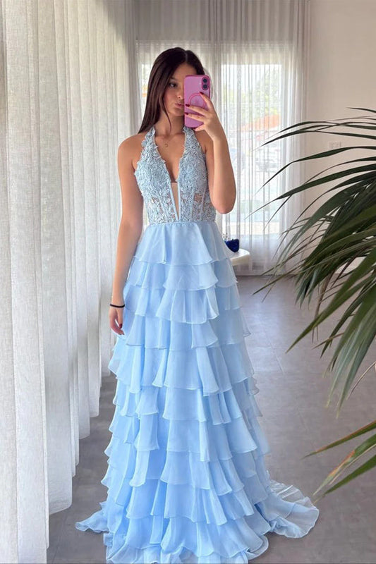 Halter Light Blue Lace Appliques Chiffon Ruffle Prom Dress