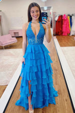 Halter Light Blue Lace Appliques Chiffon Ruffle Prom Dress
