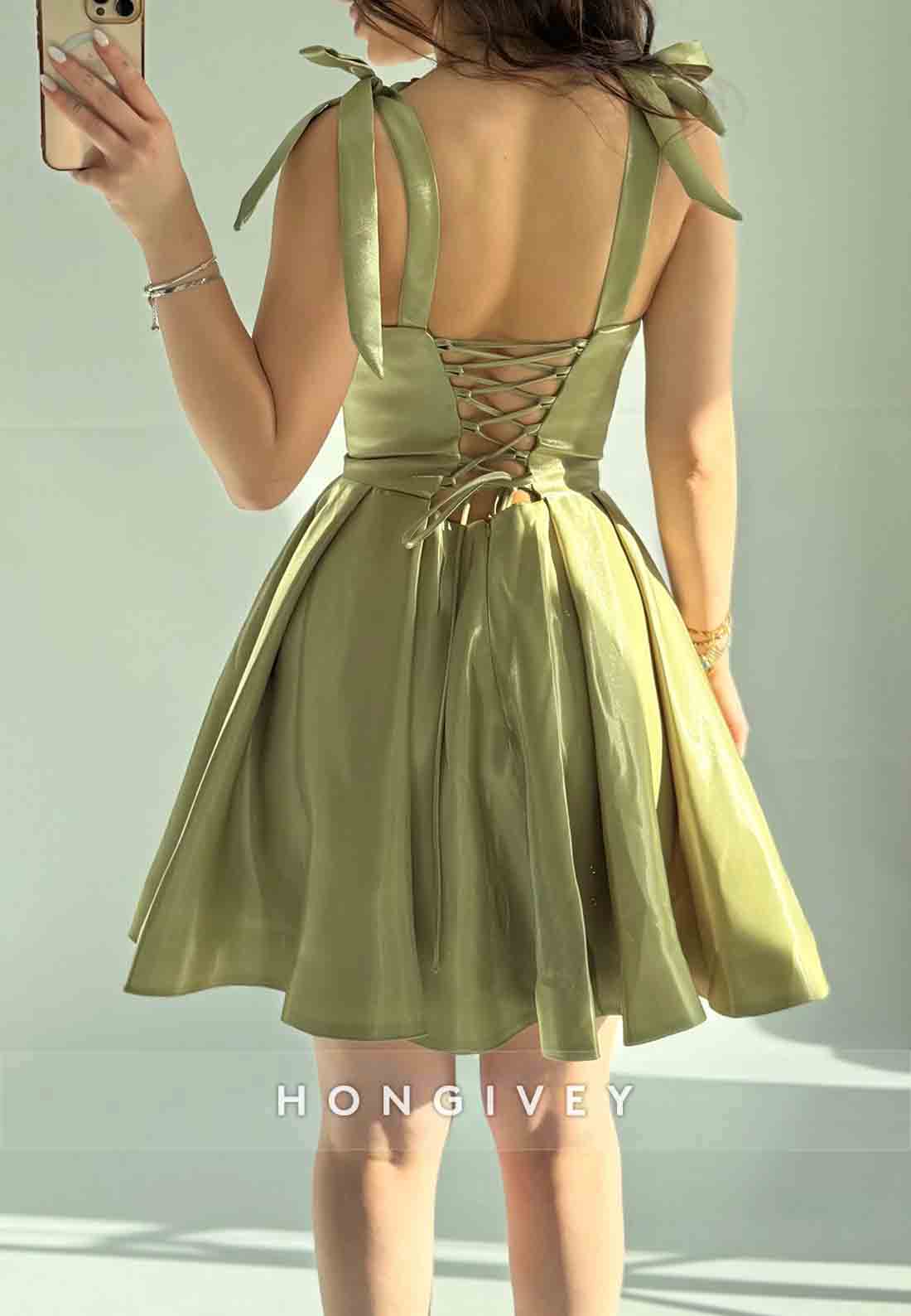 A-Line Sleeveless Tie Back Regular Straps Short Homecoming Dresses With Bowknots