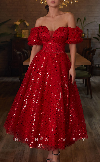 L2662 - Red Off-Shoulder Sequined Tulle A-Line Party Prom Evening Dress