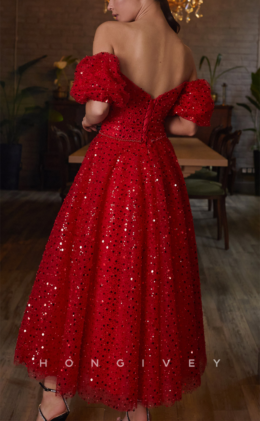 L2662 - Red Off-Shoulder Sequined Tulle A-Line Party Prom Evening Dress