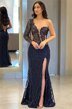 Sexy Black Lace One Shoulder Long Sleeve Sparkle Mermaid Side Slit Evening Dress